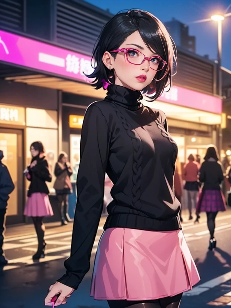 ((((Close up))), (1girl, solo, alone), (WakatsukiRisa, Sarada Uchiha, black hair, short hair, black eyes, red glasses), ((solo, (1woman, pink lipstick, (small breasts)), Extremely detailed, ambient soft lighting, 4k, perfect eyes, a perfect face, perfect lighting, a 1girl)), austere, ((parading on the sidewalk, (black sweater, women's knit sweater, long-sleeved sweater, black knit sweater), (((pink skirt)))))), (beige plaid skirt, short plaid skirt), high-heeled boots, (stiletto heel, thin heel), high-heeled boots, thigh-high boots, thigh and beige skirt, high boots, sexy look, wearing beige skirt, sexy clothes, in the city, monument, modern sculpture, Bella Poarca, Bela Vista, with neon lights, (pantyhose), boots above knee, night, lighting))