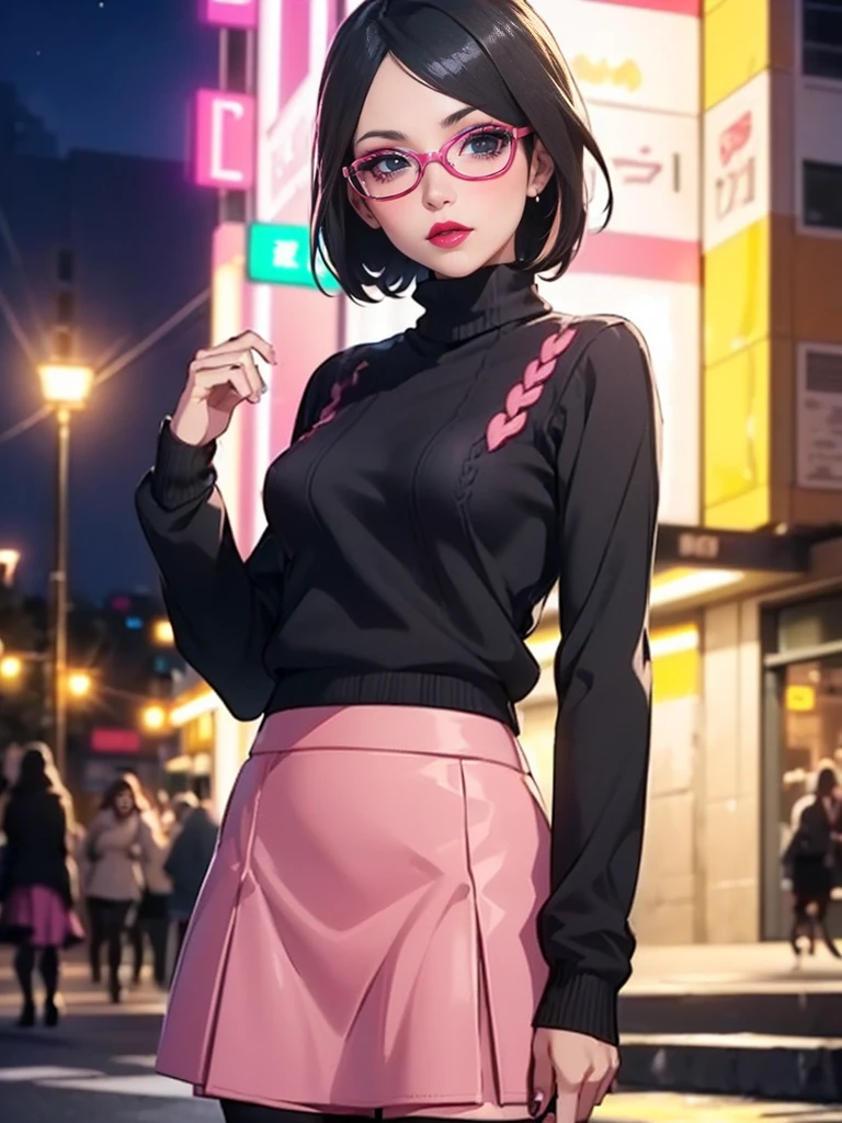 ((((Close up))), (1girl, solo, alone), (WakatsukiRisa, Sarada Uchiha, black hair, short hair, black eyes, red glasses), ((solo, (1woman, pink lipstick, (small breasts)), Extremely detailed, ambient soft lighting, 4k, perfect eyes, a perfect face, perfect lighting, a 1girl)), austere, ((parading on the sidewalk, (black sweater, women's knit sweater, long-sleeved sweater, black knit sweater), (((pink skirt)))))), (beige plaid skirt, short plaid skirt), high-heeled boots, (stiletto heel, thin heel), high-heeled boots, thigh-high boots, thigh and beige skirt, high boots, sexy look, wearing beige skirt, sexy clothes, in the city, monument, modern sculpture, Bella Poarca, Bela Vista, with neon lights, (pantyhose), boots above knee, night, lighting))