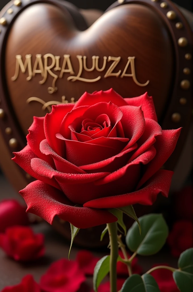 A natural beauty showing a majestic red rose in close-up, on a distinctive background with a varnished wooden trunk in the shape of a heart. The wood presents the writing "Maria Luiza " capital letters
" with an elegant and sophisticated touch. To the center, a representative red heart, accompanying the image with a deep and emotional message.