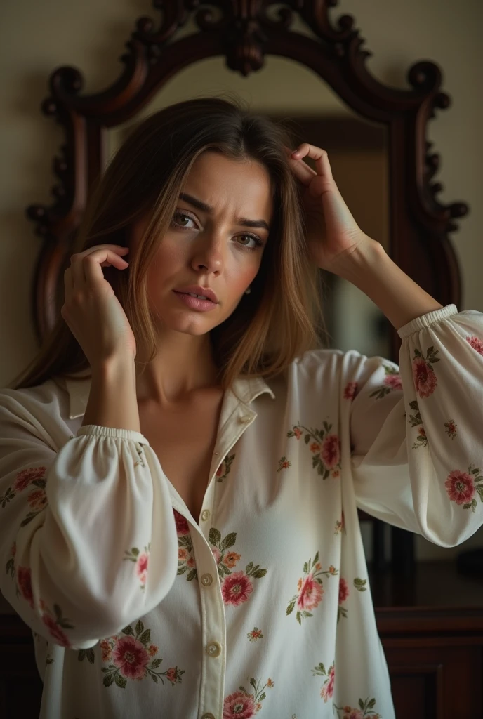 A woman in a room looking in the mirror worried about her hair loss,wearing a white shirt with floral detail, with a close up capturing her concern about the weakness of her hair, showing her sadness and frustration at not being able to find a solution for her hair problem