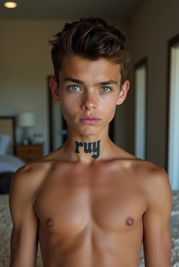 High-quality young AI with a tattoo of the name 'ruy' on his muscular neck, tanned skin, penetrating gaze, blue and brown eyes, pink lips, against a bedroom background.