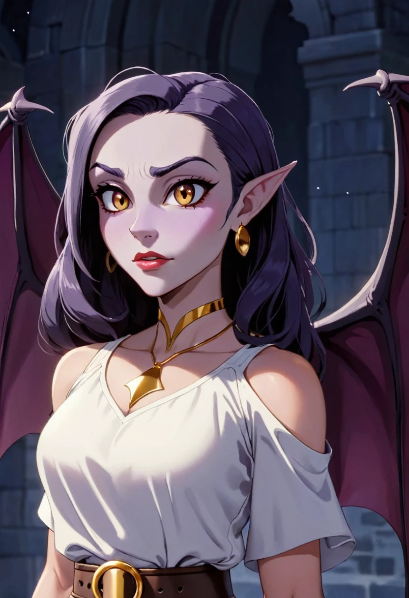 1990s gargoyle in the animation style of Gargoyles: The Goliath Chronicles. female gargoyle character with a humanoid form, lavender-gray skin, and bat-like wings. She has a sleek, athletic build with sharp claws on her hands and feet, pointed ears, and a long, slender tail. Her face is expressive with large, almond-shaped eyes, a defined nose, and a strong jawline. She wears a cream-colored tunic with a golden belt at the waist, along with gold hoop earrings and a gold bracelet. Her dark brown hair is voluminous and styled in a wave that falls just above her shoulders. The setting should have a night-time, gothic atmosphere with dramatic shadows to highlight her confident and poised stance.