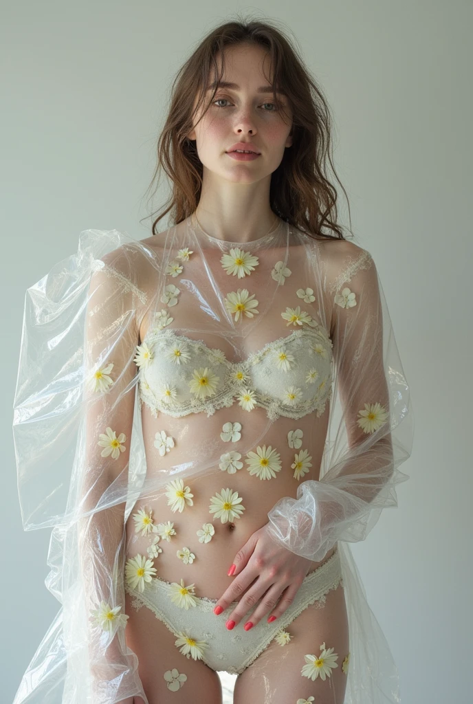 Hyper-realistic photo of a professional model with pale skin posing for a fashion photoshoot. She is entirely wrapped in transparent film, with tons of flowers under the film covering her skin. The shot is a mid-body shot.