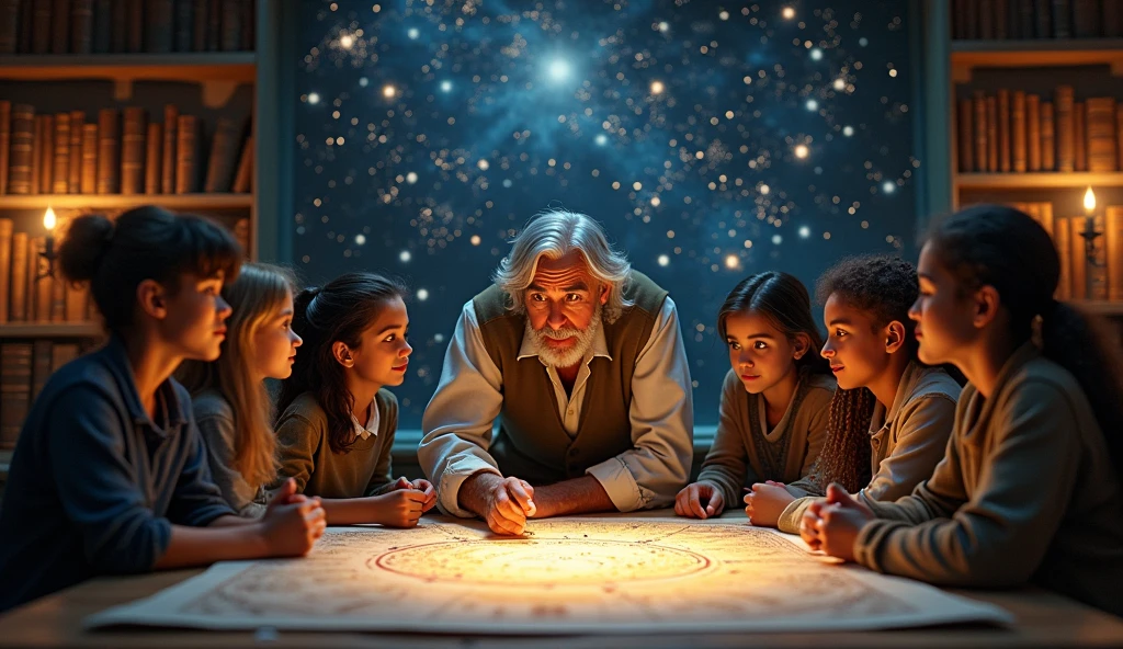An image of a mentor guiding a group of students through a star chart, with an ambient glow from a celestial map overhead, capturing the spirit of education and guidance. --ar 16:9