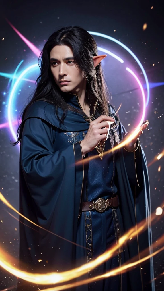 wizard, elf, male, black hair, magical, in wizard clothes, mature man.
