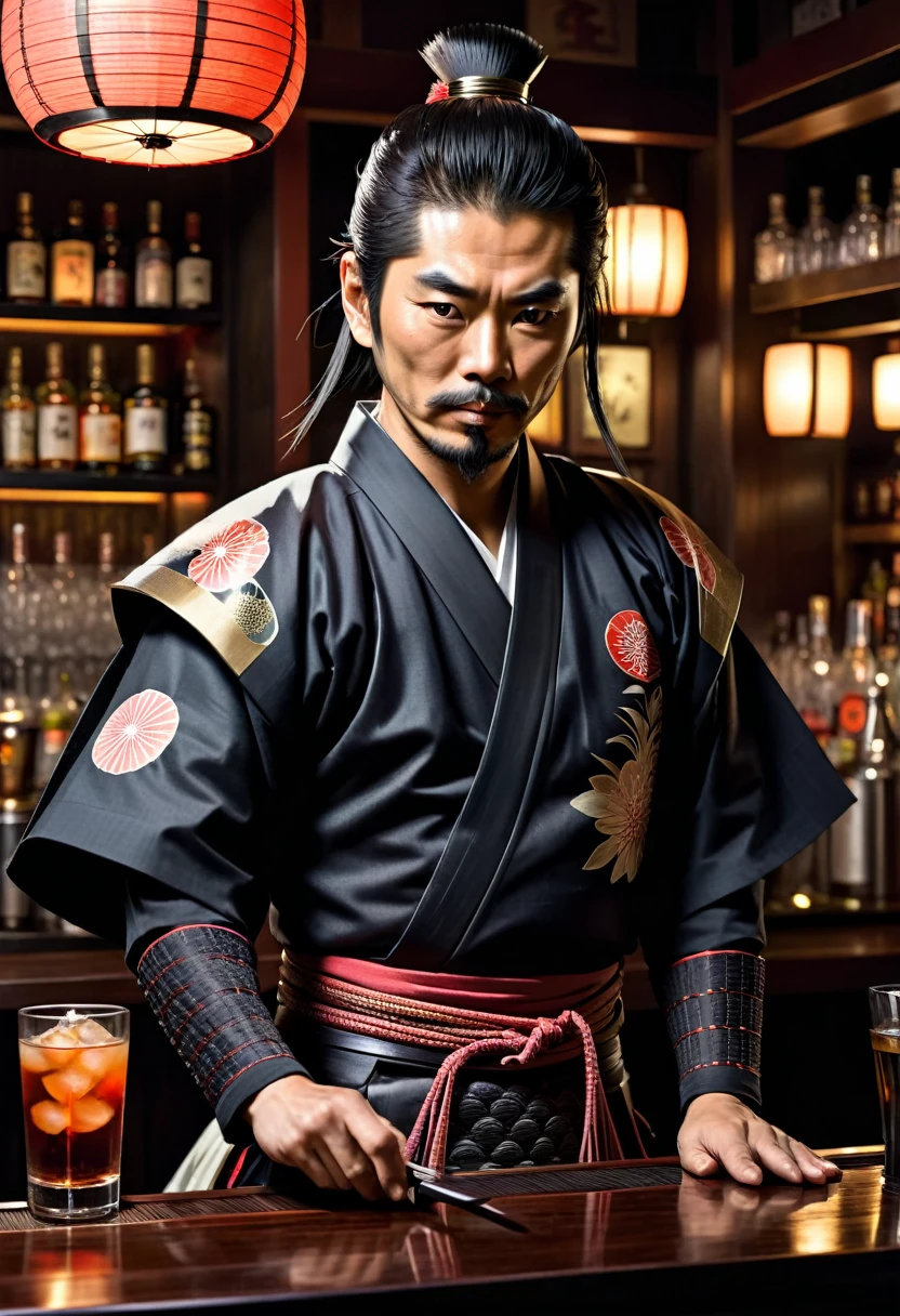 japanese samurai bartender, hyperrealistic, dim light