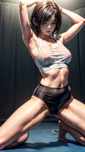 bob cut hair、(sweaty skin)、 (highest quality, 8K, 32K, masterpiece, UHD:1.2)、wet clothes、((see-through))、blush,((((sweat)))),((from adove)),(Glossy tank top),Glossy short leggings,fitness,training、(((yoga pose))),Thighs,((steam)),((Yoga Classes)) ((small breasts)) full of cum, cum on her body, cum on her breasts (super skinny body), slender body,