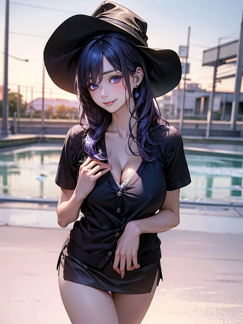 (masterpiece:1.3, top-quality), (realistic, photorealistic:1.6), beautiful illustration, (natural side lighting, movie lighting),
looking at viewer, cowboy shot, front view:0.6, 1 girl, japanese, high school girl, perfect face, cute and symmetrical face, shiny skin,
(long hair:1.8, half updo:1.5, purple mixed blue hair), hair between eye, dark blue eyes, long eye lasher, (large breasts:8.6, seductive thighs),
beautiful hair, beautiful face, beautiful detailed eyes, beautiful clavicle, beautiful body, beautiful chest, beautiful thigh, beautiful legs, beautiful fingers, big breasts, enhance breasts, busty, cleavage, press breasts together, hold breasts,
((Black collared shirts, black miniskirt, white cardigan)), pink panties,
(beautiful scenery), evening, witch hat , walking, (lovely smile, upper eyes),