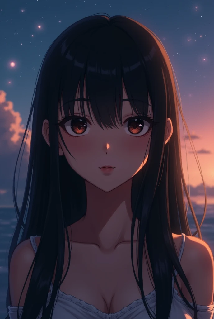 Long, dark, straight hair, big eyes, medium lips with brown eyes, bangs to the chin, brown.