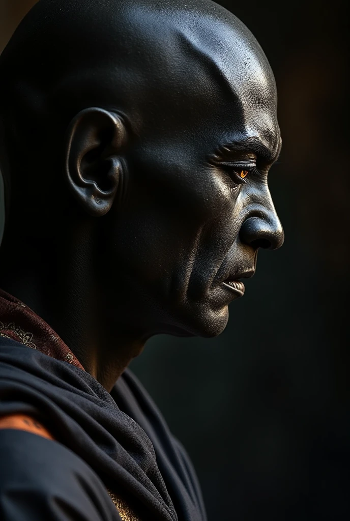 A black marbled monk, from a meditating stance, dynamic shot, side angle shot, close-up shot, high angle shot, bokeh, bald, adorned with hindu and burmese decor, very dark background, looking grim, staring with fury, black pupills, golden glowing iris, silhouette, 8k resolution, masterpiece,