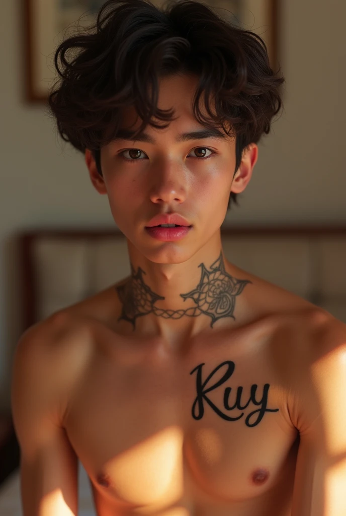 Young AI high quality Tattoo with name ruy on muscular neck tanned skin piercing gaze pink mouth with bedroom background