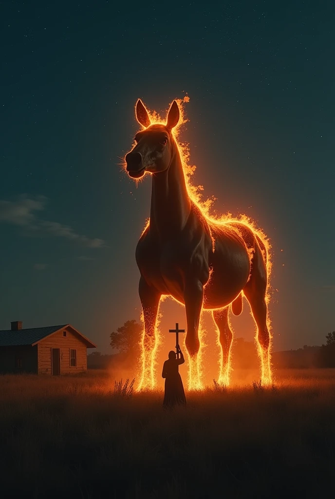 In the middle of the field, under the dark, starless sky, The headless mule, wrapped in orange flames, emerges from the darkness. The creature, imposing and terrifying, has no head, but it is in a menacing pose, with hooves raised and flames coming from its body. Ao fundo, the old ranch is partially visible, wrapped in darkness, while Father Emanoel, small in comparison, raises the crucifix against the creature.