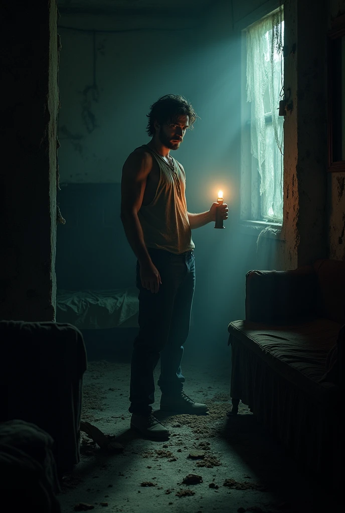 Man with a flashlight in a dark and abandoned house at night 