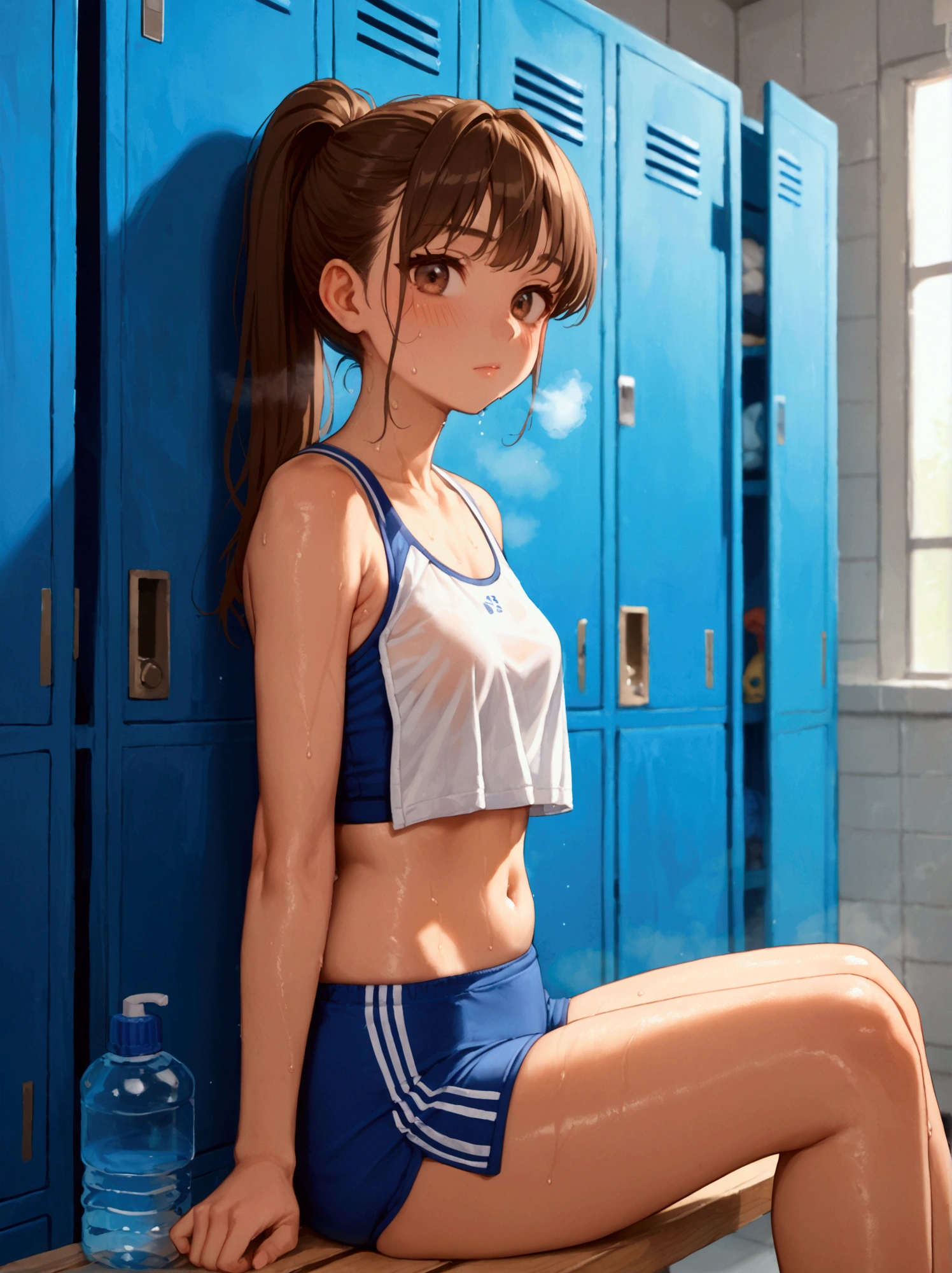 score_9, score_8_up, score_7_up, rating_safe, masterpiece, best quality, very aesthetic, absurdres, 1girl, solo, brown hair, long hair, ponytail, bangs, brown eyes, closed mouth, blush, faint lips, track uniform, small breasts, sports bra, buruma, navel, athletes, thighs, skindentation, tan, sweat, very sweaty, sweaty armpits, breath, steaming body, greaming skin, indoors, locker room, blue locker, blue bench, white wall, white floor, sit, towel, water bottle, faint light