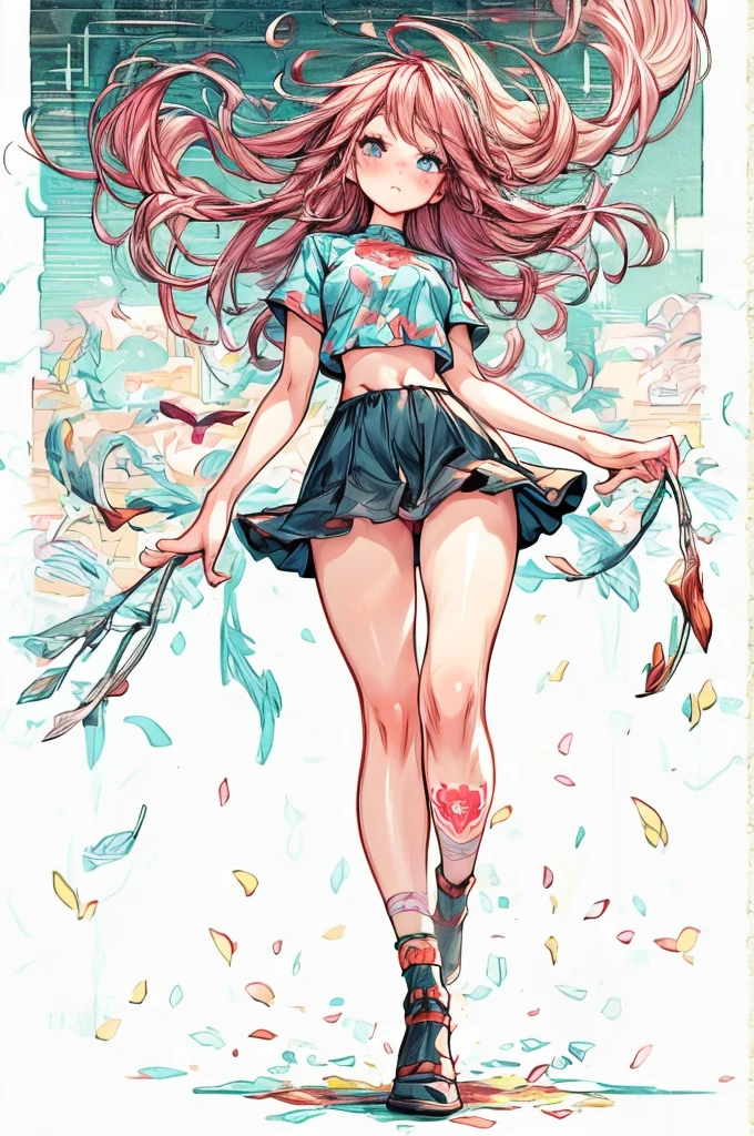 a young woman with long pink hair, tattooed body, wearing a mini skirt and white crop top, subtle view of her butt in full body shot, detailed face and eyes, intricate tattoo designs, cinematic lighting, photorealistic, 8k, hyper detailed