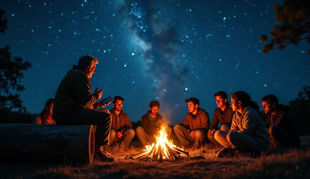 A captivating scene of a person by a campfire, telling a story to a group of rapt listeners, with a night sky full of stars and constellations in the background. --ar 16:9
