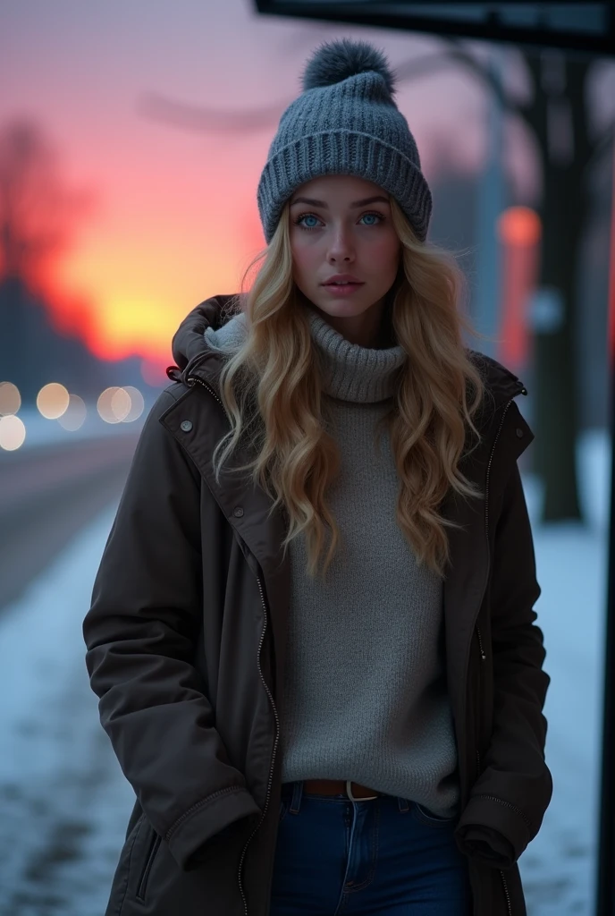 A beautiful young woman, 22 years old, with a lovely face, long wavy blonde hair, and blue eyes, is standing at a bus stop on a cold day. She is wearing a turtleneck sweater, blue jeans, a winter hat, and a hooded coat. The sun is setting, and its crimson rays reflect in her blue eyes, intensifying her deep sadness. Her face shows the chill of the cold weather as she stands, tearful and on the verge of crying, waiting for her boyfriend she is about to break up with. The atmosphere is filled with sorrow and reflection, the cold air and the setting sun enhancing her melancholic expression