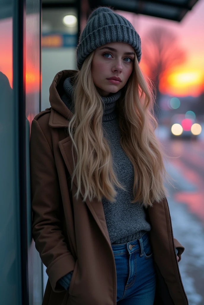 A beautiful young woman, 22 years old, with a lovely face, long wavy blonde hair, and blue eyes, is standing at a bus stop on a cold day. She is wearing a turtleneck sweater, blue jeans, a winter hat, and a hooded coat. The sun is setting, and its crimson rays reflect in her blue eyes, intensifying her deep sadness. Her face shows the chill of the cold weather as she stands, tearful and on the verge of crying, waiting for her boyfriend she is about to break up with. The atmosphere is filled with sorrow and reflection, the cold air and the setting sun enhancing her melancholic expression