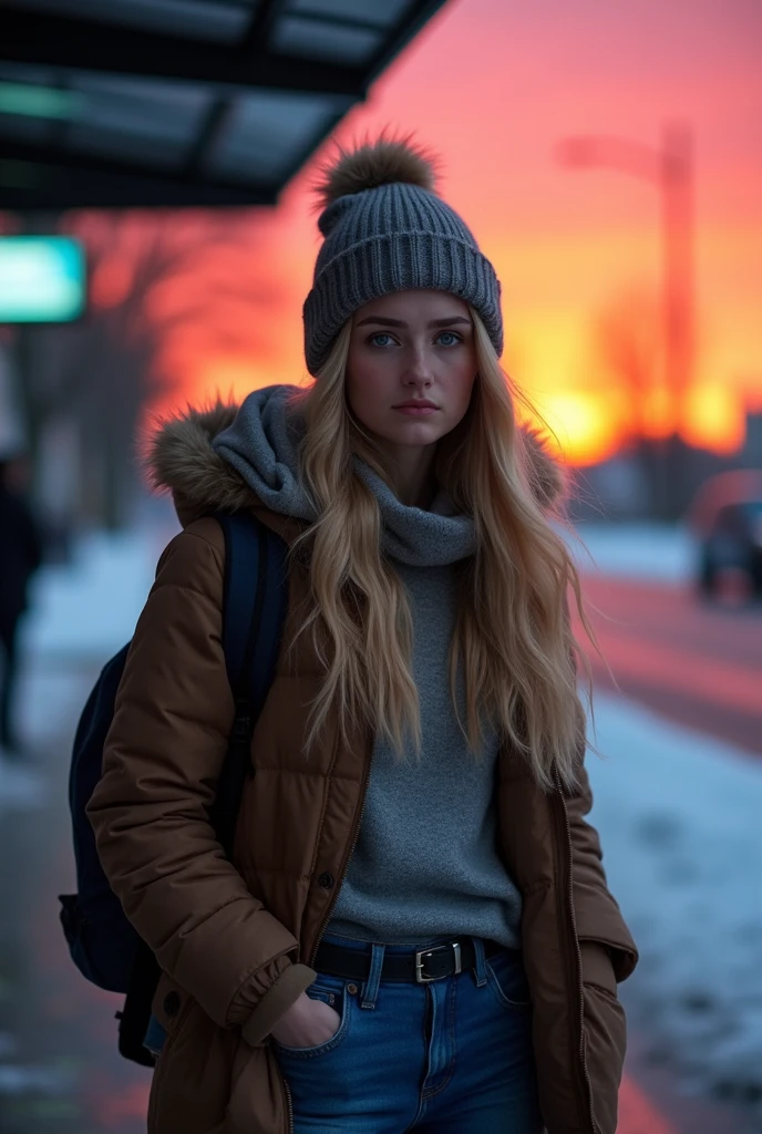 A beautiful young woman, 22 years old, with a lovely face, long wavy blonde hair, and blue eyes, is standing at a bus stop on a cold day. She is wearing a turtleneck sweater, blue jeans, a winter hat, and a hooded coat. The sun is setting, and its crimson rays reflect in her blue eyes, intensifying her deep sadness. Her face shows the chill of the cold weather as she stands, tearful and on the verge of crying, waiting for her boyfriend she is about to break up with. The atmosphere is filled with sorrow and reflection, the cold air and the setting sun enhancing her melancholic expression