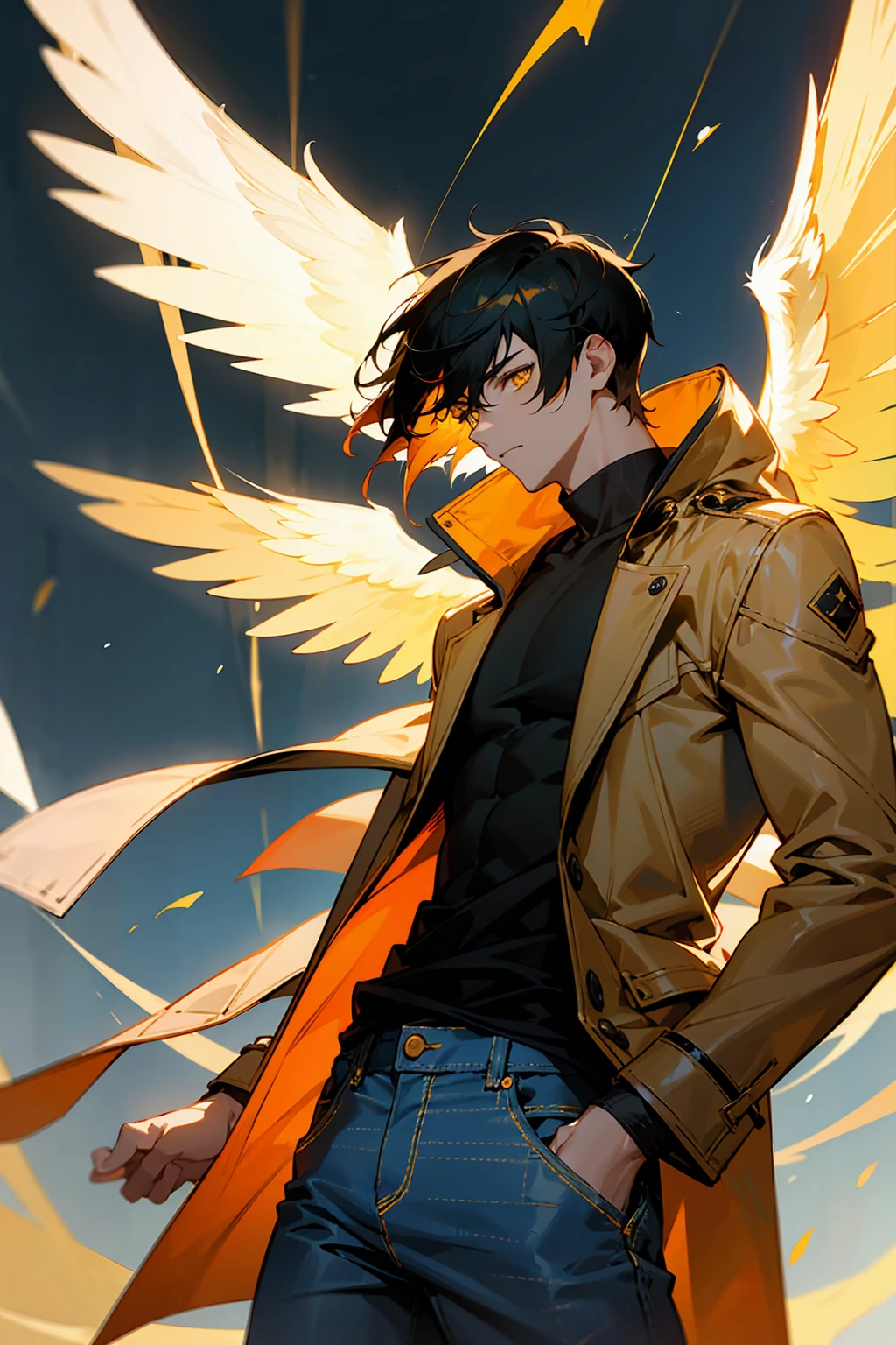 1male, Young Adult, Light Orange Hair, Black Hair, Two Toned Hair, Short Hair, Yellow eyes, Disheveled Hair, Radiant, Coat, Jeans, Masculine, Beautiful Lighting, Angel Wings, Flying, Muscular