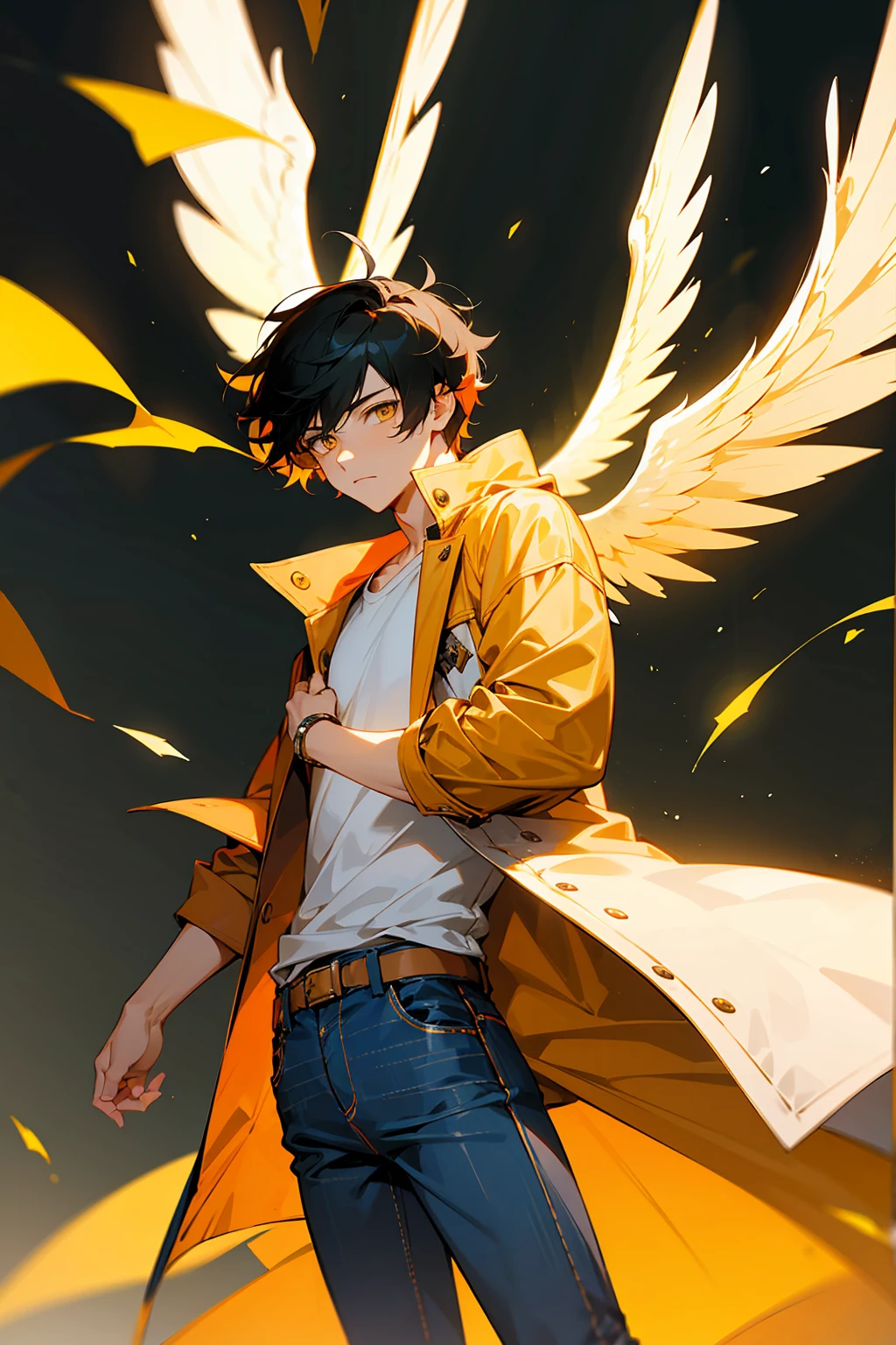 1male, Young Adult, Light Orange Hair, Black Hair, Two Toned Hair, Short Hair, Yellow eyes, Disheveled Hair, Radiant, Coat, Jeans, Masculine, Beautiful Lighting, Angel Wings, Flying, Muscular