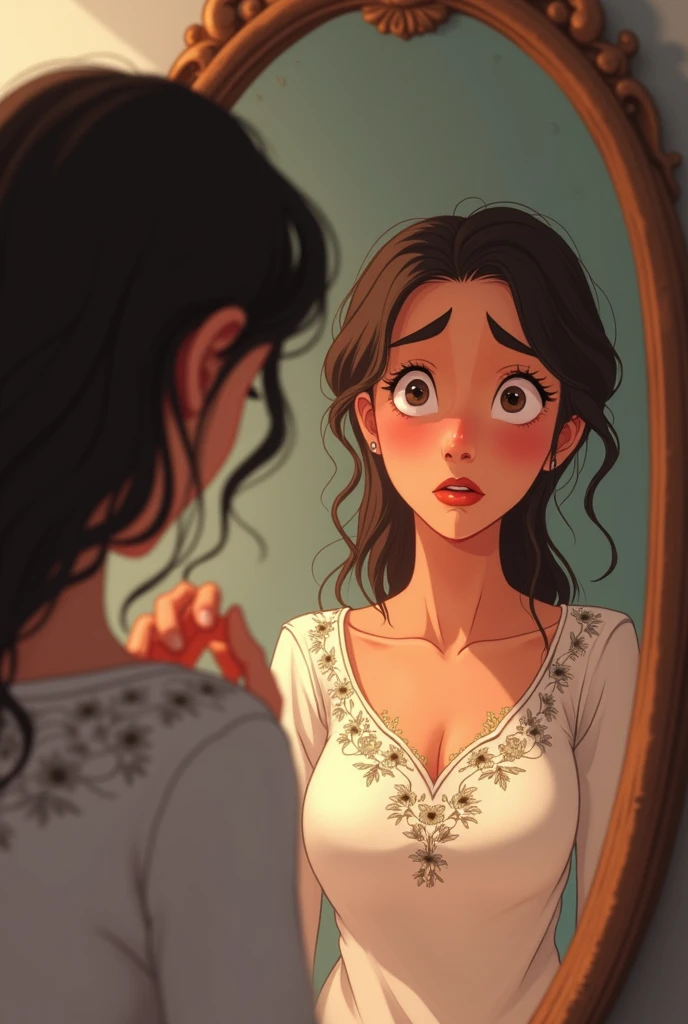 A woman in a room looking in the mirror worried about her hair loss,wearing a white shirt with floral detail, with a close up capturing her concern about the weakness of her hair, showing your sadness and frustration at not being able to find a solution to your problem with your hair falling out in your hands With animation style/drawning