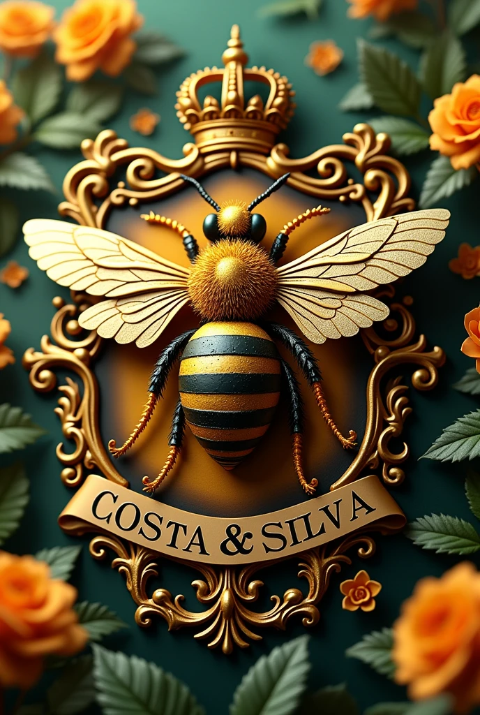 Create a 3D style image of a queen bee coat of arms for me  ,with the name highlighted Costa& Silva  ,In a nutshell, you only win tomorrow if you don't give up today. 