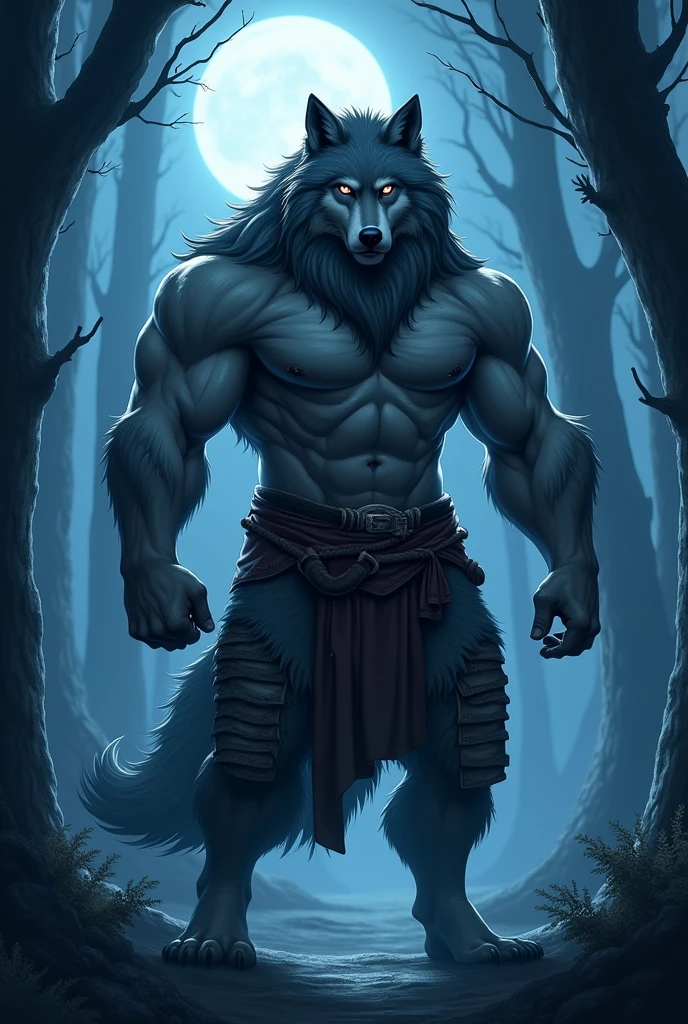 A wolf with a body similar to that of an animation, gris, strong without a shirt, only wearing pants