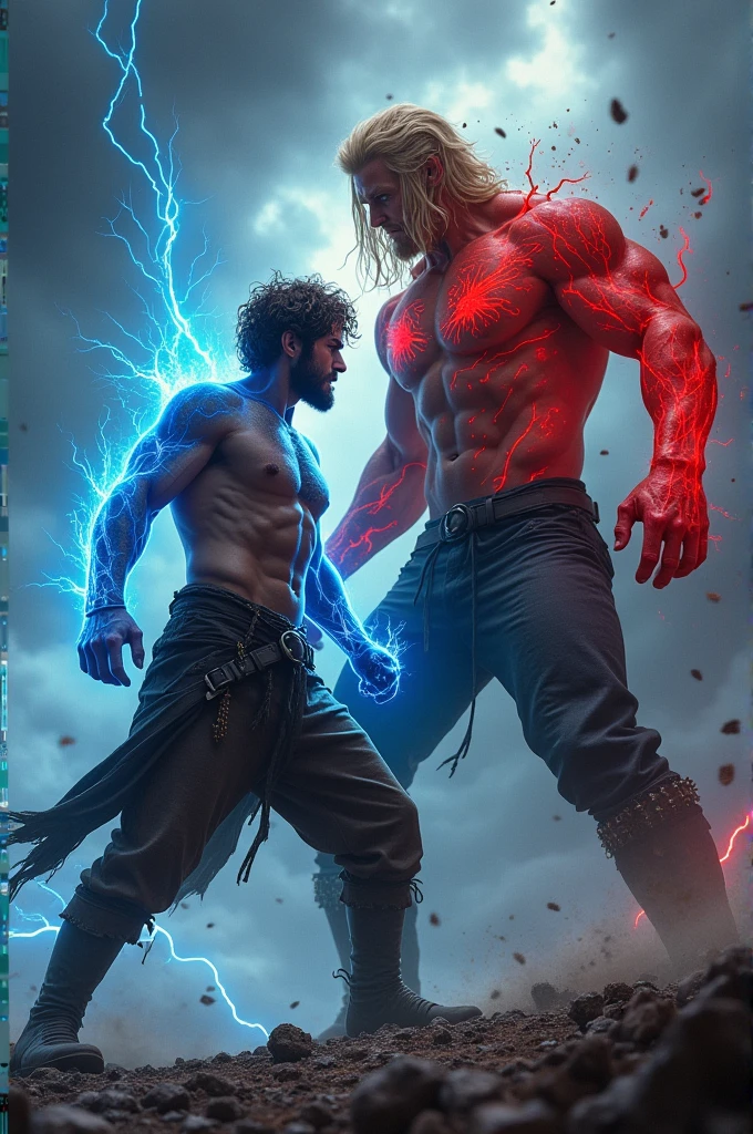 Make a man with messy brown hair wearing medieval brown pants, his body is full of blue demonic symbols this one has blue energy, and make him fighting against a tall blonde man with red demonic symbol tattoos, This one has red power energy, and he wears black pants and black boots