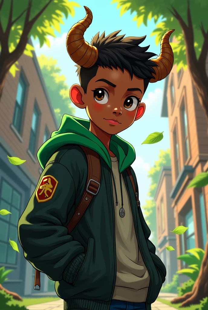 A black boy with a jacket that has a green hood in the anime style with wooden horns