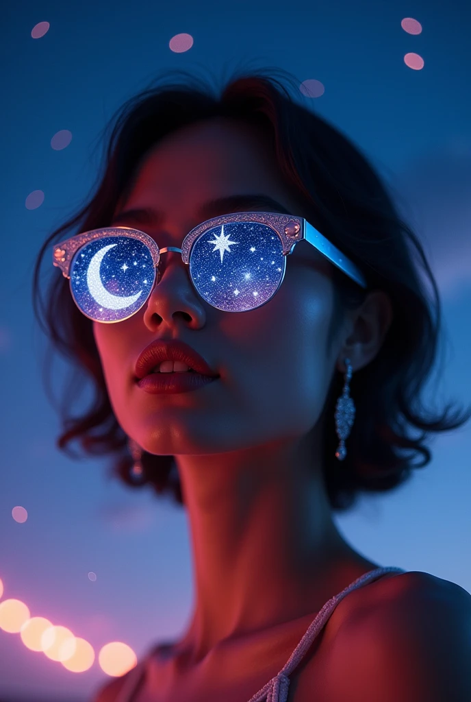 The model is wearing glass sunglasses with stars and the moon on the glass