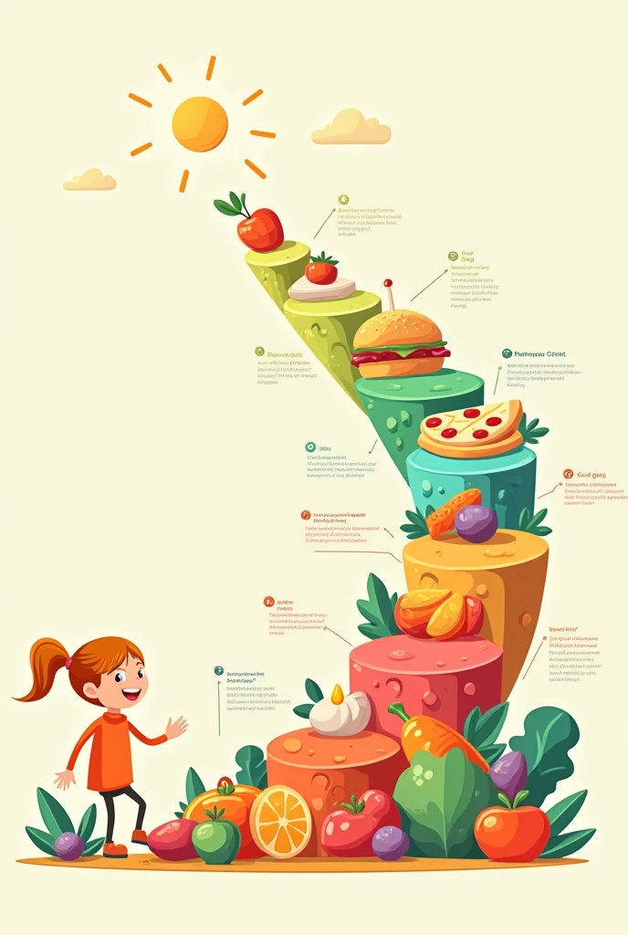 Light background with an illustrated timeline showing health progress (Starting with heavy foods and ending with fruits and vegetables)