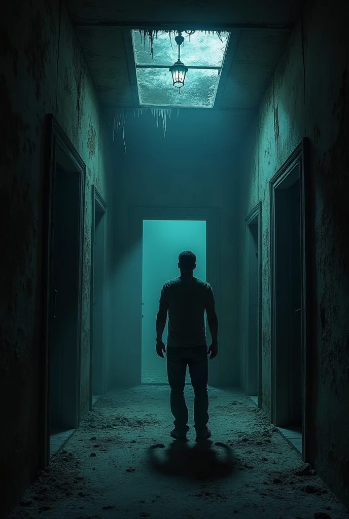 A man with a scared face and a flashlight in a dark and abandoned house at night 