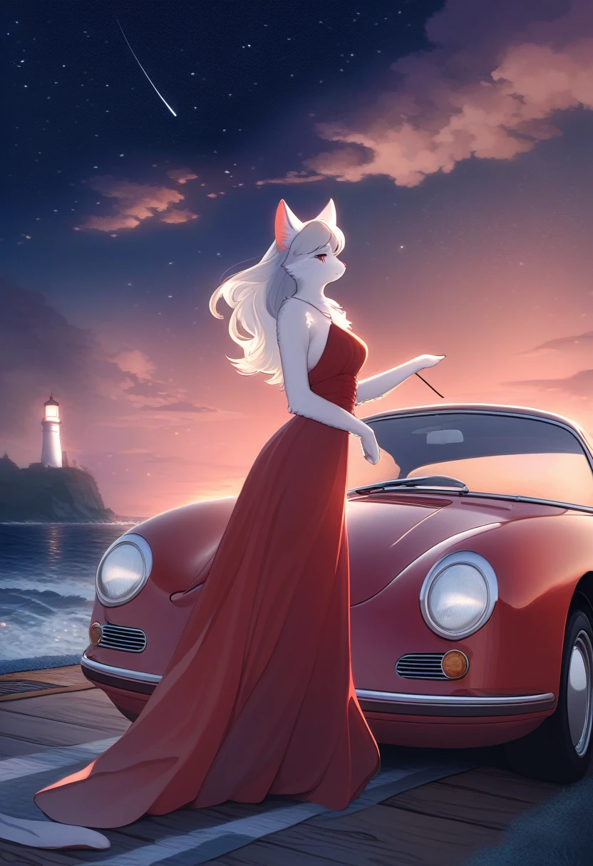 ((Masterpiece)), ((Best Quality)), (Very Detailed), ((Very Detailed)), 4K, (8K), very aesthetic, absurdres highres, 1 woman, (anthropomorphic cat, furry, kemono:1.5), A beautiful female model leans against a metallic red Porsche 356 on a road along the coast against a cool night view. Her fashion exudes a free spirit, and her car’s chrome bumper and open top shine. The shot is shot from a low angle, emphasizing the car and the woman. Waves crash against the shore, a lighthouse is visible in the distance, and stars twinkle in the night sky. The moonlight reflects off the sea, adding a magical touch. The woman’s dress flows in the wind, and she wears elegant accessories. The car’s leather seats and wood steering wheel are visible, and the emblem and license plate are detailed.