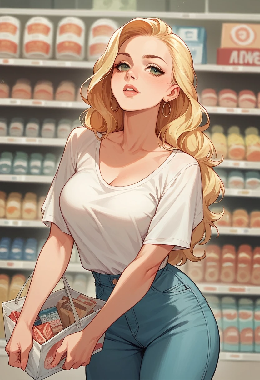 A very beautiful blonde Brazilian realistic model in a clothing store