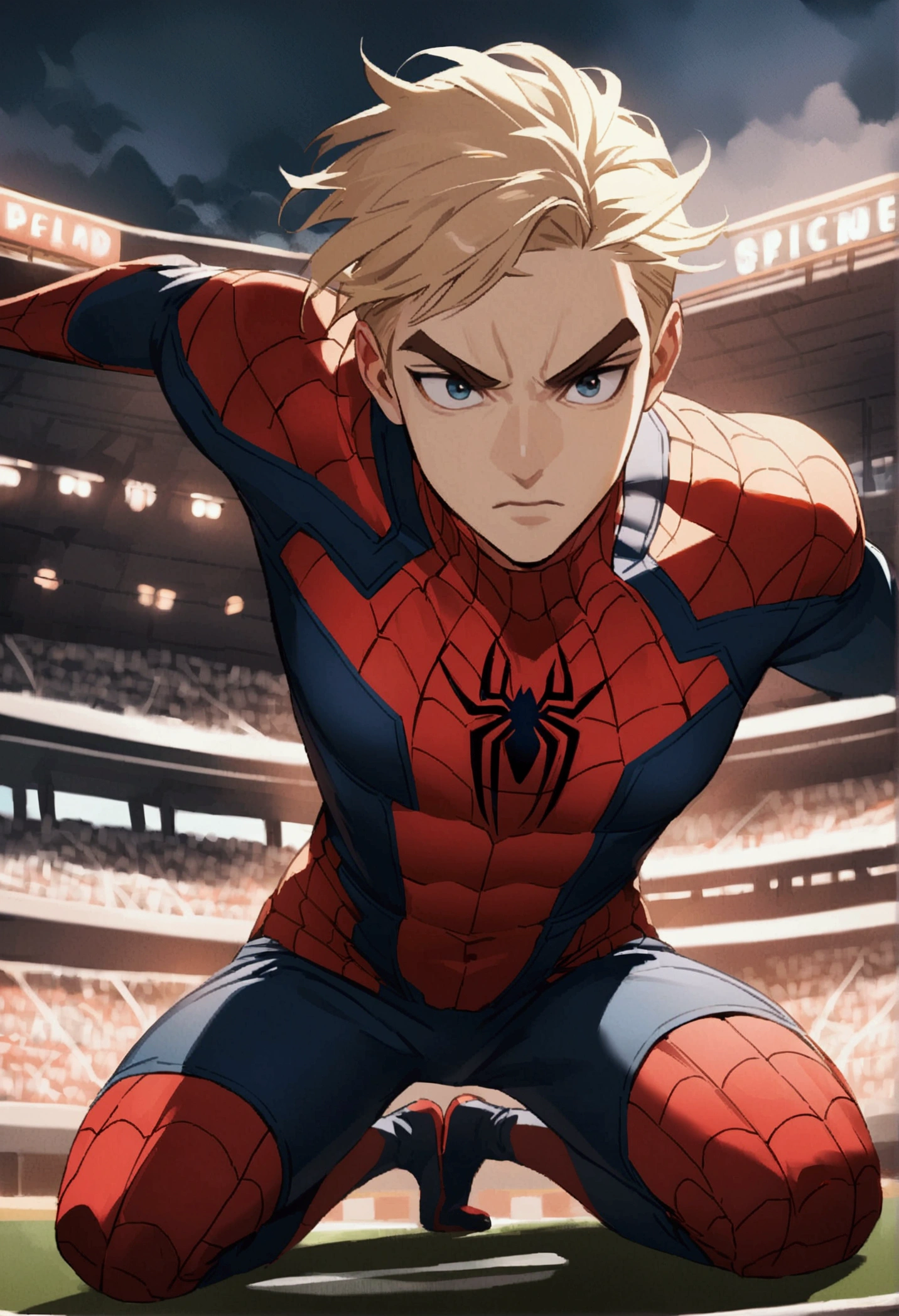 2d illustration of a Young man with shaved blond hair with Prominent eyebrows and white complexion. With athletic body dressed in the Spiderman suit on top of a baseball stadium