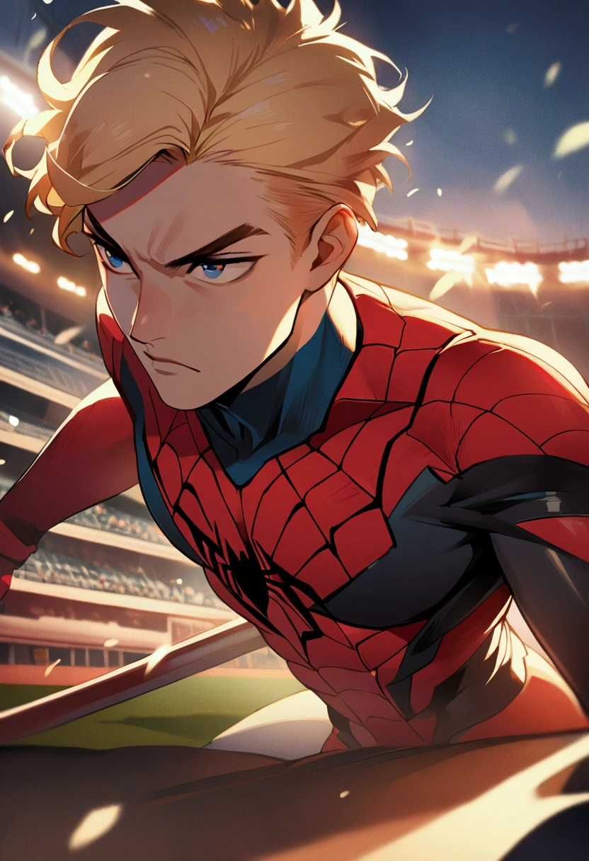 2d illustration of a Young man with shaved blond hair with Prominent eyebrows and white complexion. With athletic body dressed in the Spiderman suit on top of a baseball stadium