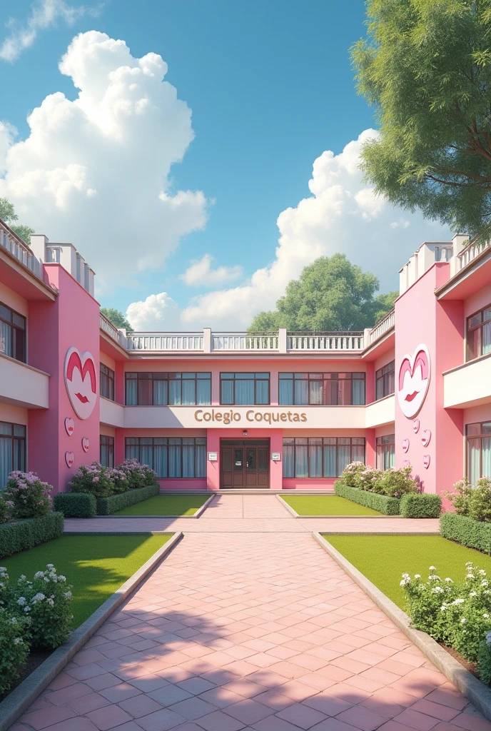 (photorealism:1.2)  Empty pink girls' school inside yard, pink and white classic or modern school building, clean in good shape, the sign "Colegio Coquetas" and the signs of many kisses 💋 on the walls, not childish drawings on the walls, no crosses anywhere, realistic, intricate details