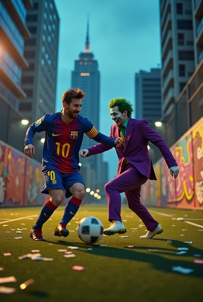 Create an image of Lionel Messi playing soccer with Joaquin Phoenix's Joker from 2019.