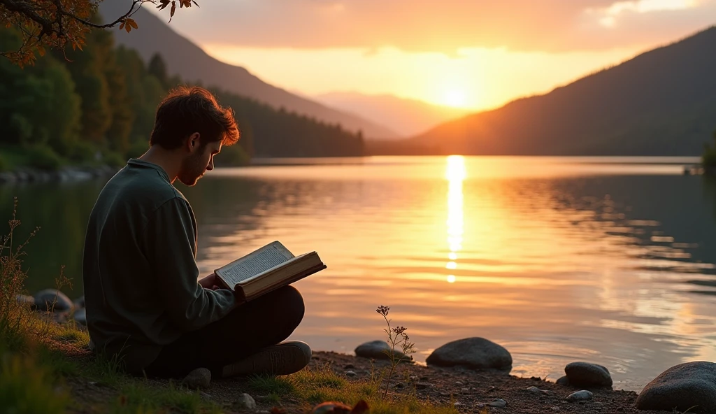 A serene scene of a person sitting by a tranquil lake, reflecting on a book about cosmic philosophy, with the setting sun casting a golden glow on the water. --ar 16:9