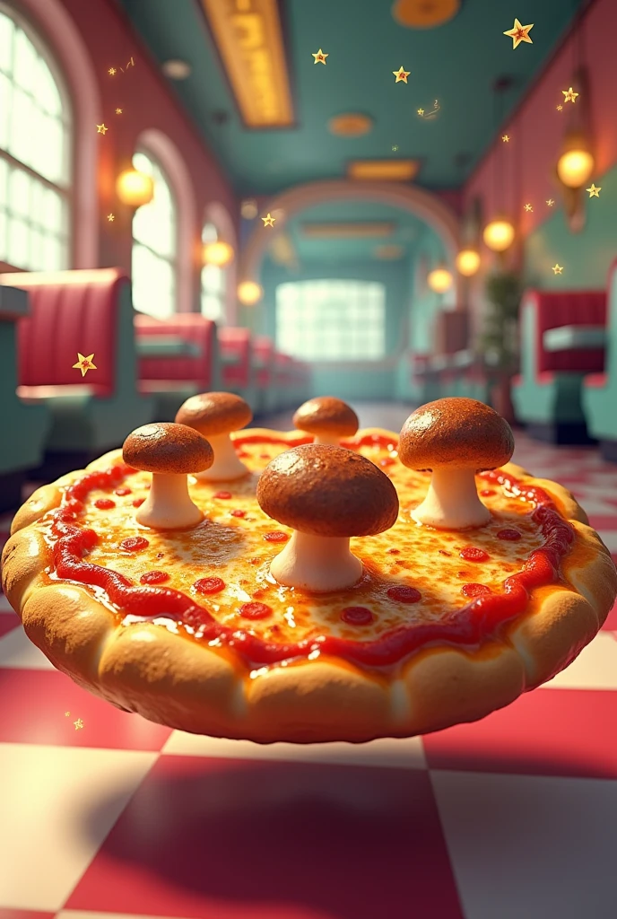 I want to create an animation with a retro style, of a pizza with mushrooms 