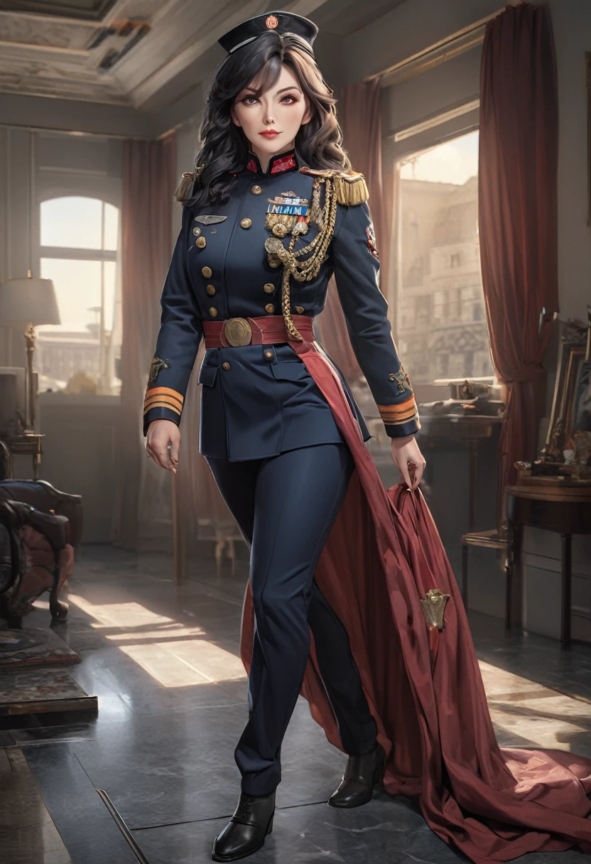 a mature woman with long dark shiny hair,military officer uniform,beautiful detailed eyes,beautiful detailed lips,extremely detailed face,longeyelashes,military uniform,full body,highres,8k,best quality,masterpiece,photorealistic,physically-based rendering,professional,vivid colors