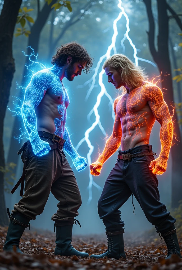 Make a man with messy brown hair wearing medieval brown pants, his body is full of blue demonic symbols this one has blue energy, Yes, do it by fighting a blonde man with long hair and tattoos of red demonic symbols., This one has red power energy, and he wears black pants and black boots