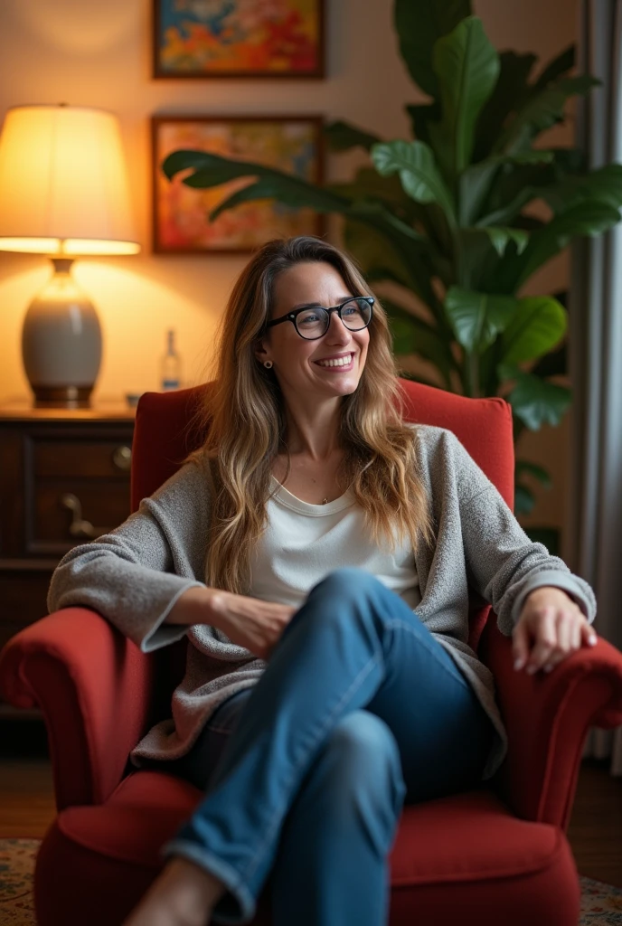 Woman, middle-age, Room, legs spread open, glasses, breasts showing, Grinning
