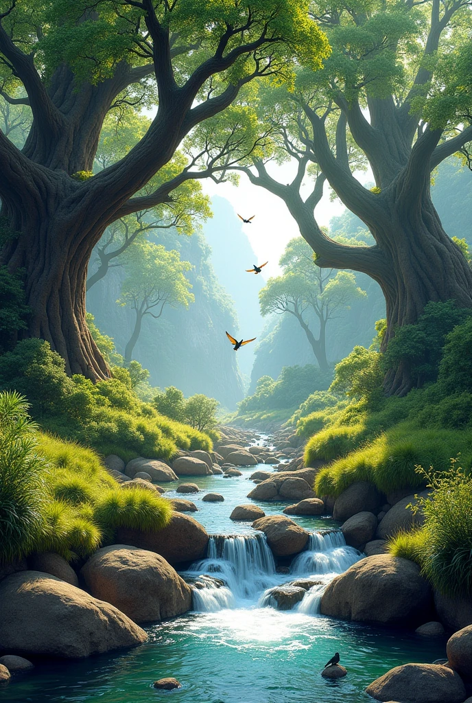 natural landscape, with giant trees, grama verde, rocks with water flowing between them and birds passing by