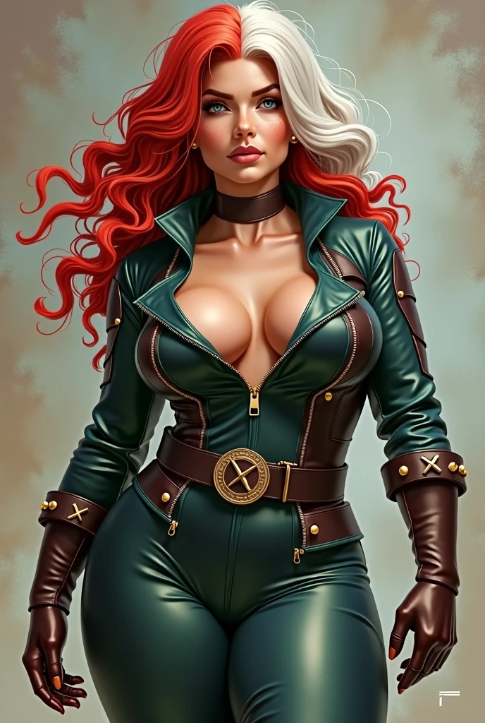 Rogue from Marvel's x-men wearing 1990s outfit with thick hips and thighs, a flat stomach and 90s era x-men red curly hair with white hair on top, hair is two colors, wearing X-men belt buckle, highest quality, realistic art, (hair is white on top of head red on the sides, make hair as is specified in prompt), unzipped front to show cleavage, semi realistic, design character as specified in prompt, portrait sized image