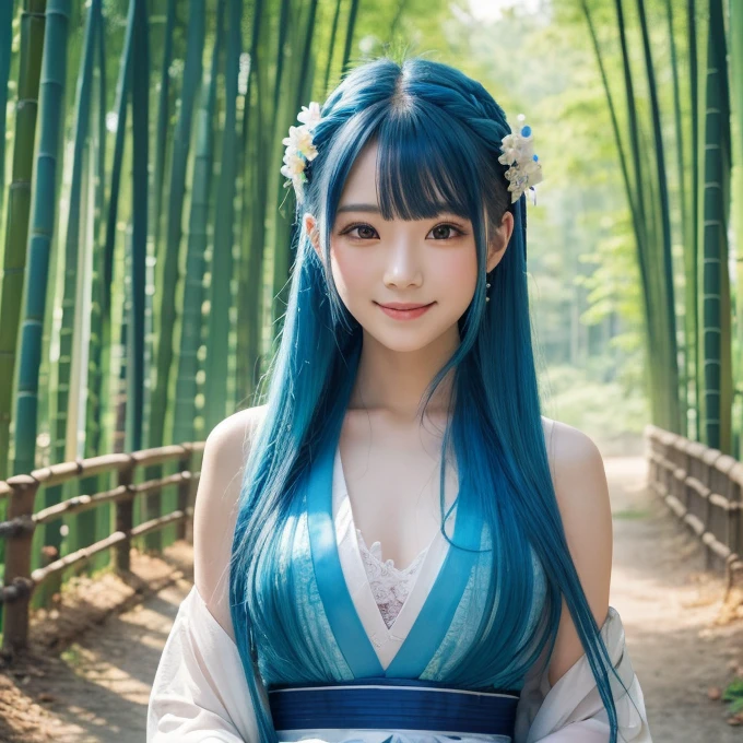 masterpiece, Highest quality, Official Art, 8k wallpaper, Very detailed, figure, 1 person, Chinese style, ink, Sky blue hair, Long Hair, Detailed eyes, Forest Delights, Exposing shoulders, Hanfu, lake, Pure, A kind smile, bamboo, tea