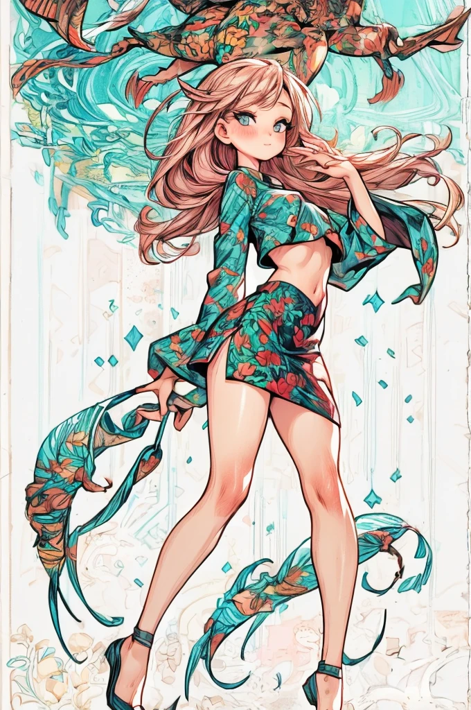 a young woman with long pink hair, tattooed body, wearing a mini skirt and white crop top, subtle view of her butt in full body shot, detailed face and eyes, intricate tattoo designs, cinematic lighting, photorealistic, 8k, hyper detailed