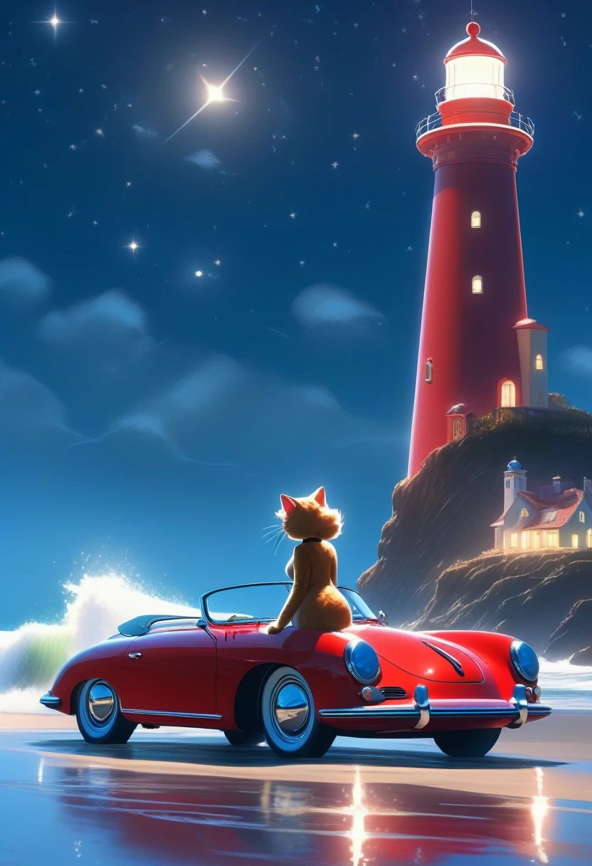 ((Masterpiece)), ((Best Quality)), (Very Detailed), ((Very Detailed)), 4K, (8K), very aesthetic, absurdres highres, 1 woman, (anthropomorphic cat, furry, kemono:1.5), A beautiful female model leans against a metallic red Porsche 356 on a road along the coast against a cool night view. Her fashion exudes a free spirit, and her car’s chrome bumper and open top shine. The shot is shot from a low angle, emphasizing the car and the woman. Waves crash against the shore, a lighthouse is visible in the distance, and stars twinkle in the night sky. The moonlight reflects off the sea, adding a magical touch. The woman’s dress flows in the wind, and she wears elegant accessories. The car’s leather seats and wood steering wheel are visible, and the emblem and license plate are detailed.