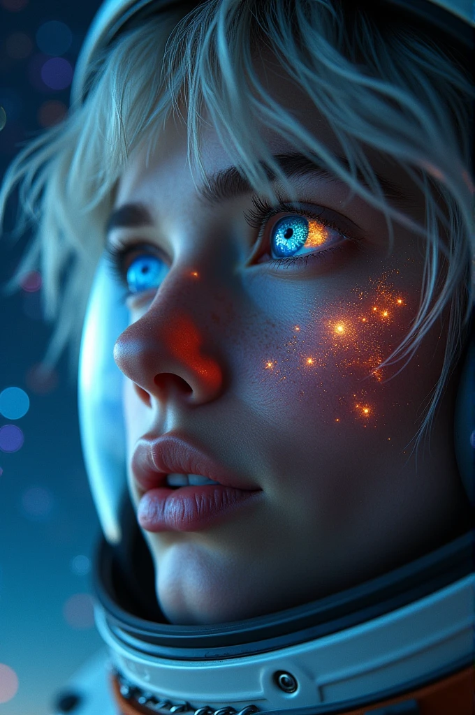 (Close-up of a better masterpiece:1.5)0.9], (Space and astronauts:1.2) (Messy silver hair:1.1) (Heterochromia xanthochromia and blue eyes:1.2) (Space Helmet:1.0) (Colored stars in the eyes:1.0) (A radiant glow:1.1) (thick lips:0.9)